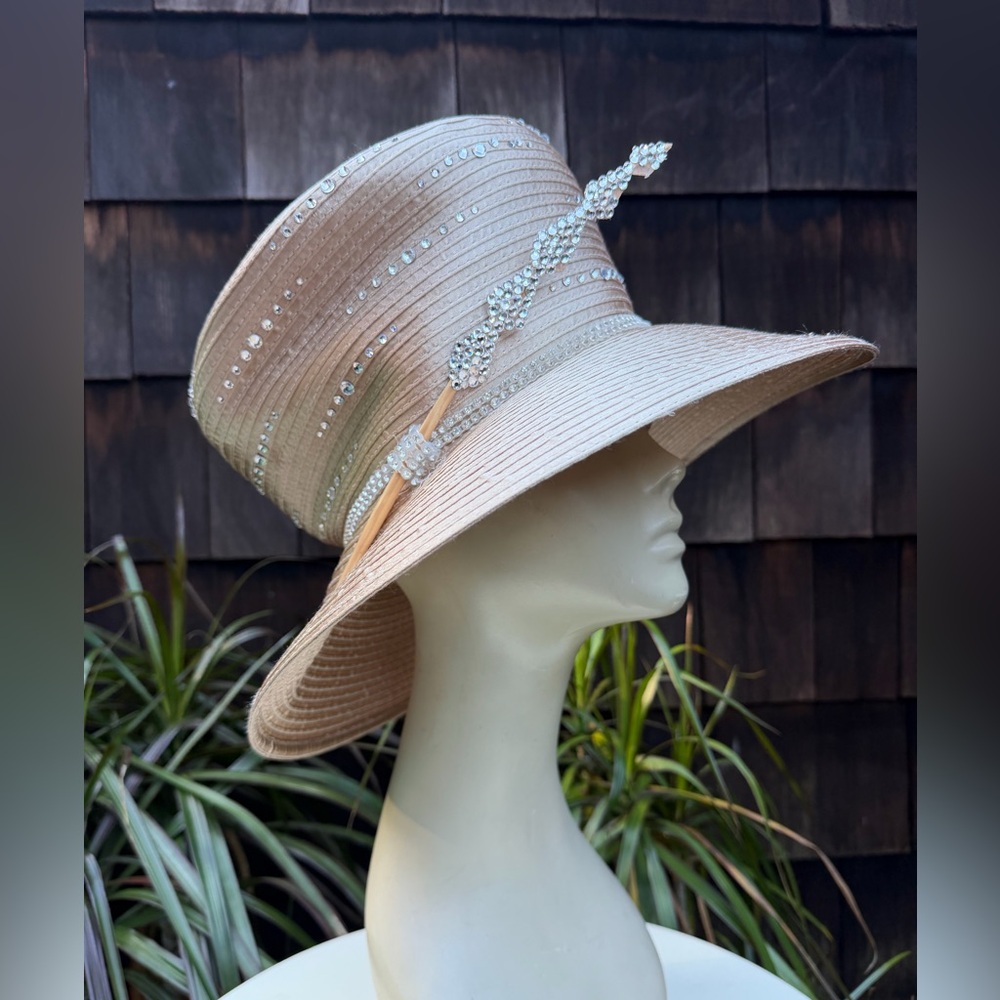 Vintage brim hat champagne cream with rhinestones 22.5 7 1/8 Mr. Song Millinery
